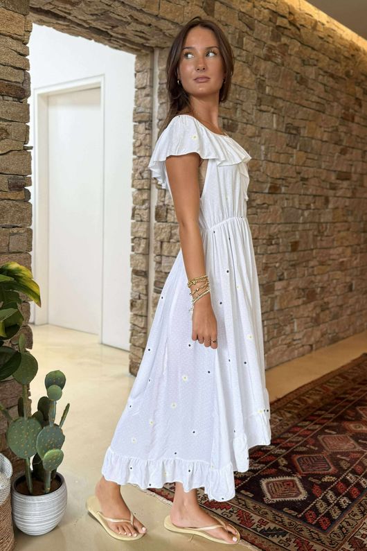 Made in Italy Forget Me Knots Bardot Shirring Dress White /15 =